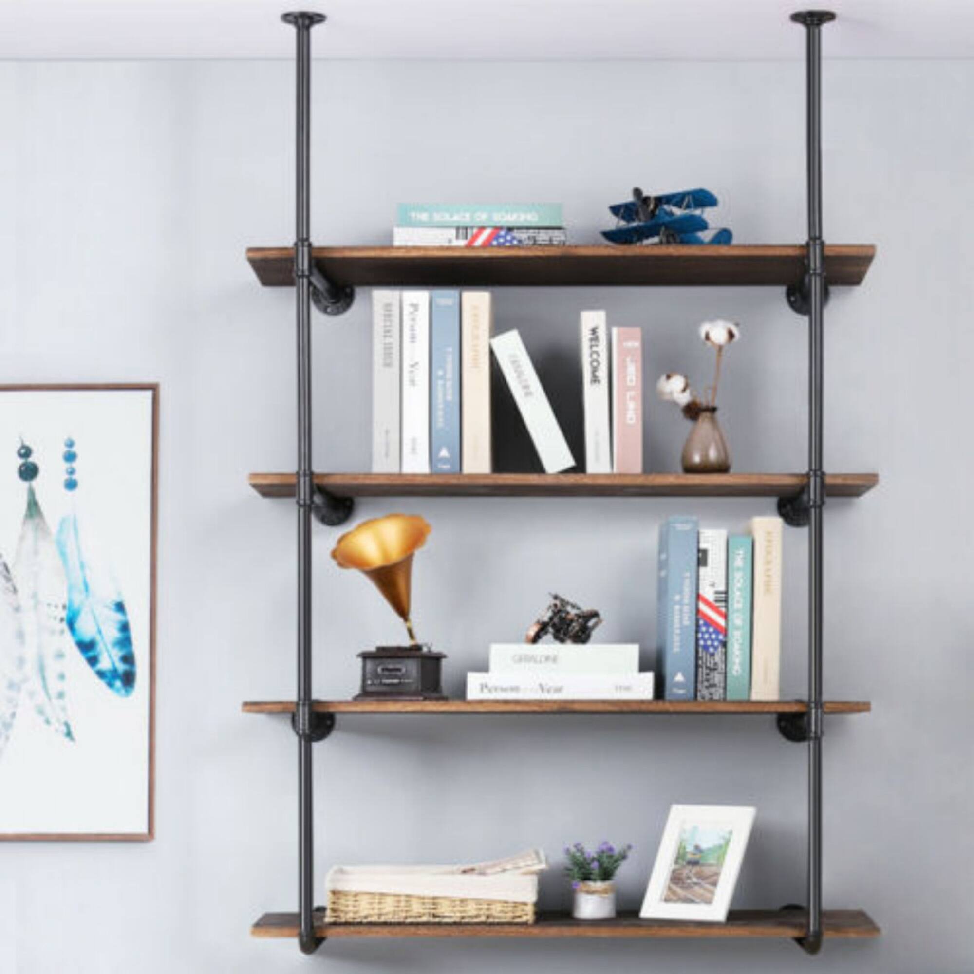 NEX™ 55" Black DIY Industrial Wall-Mounted Iron Pipe Open Bookshelf
